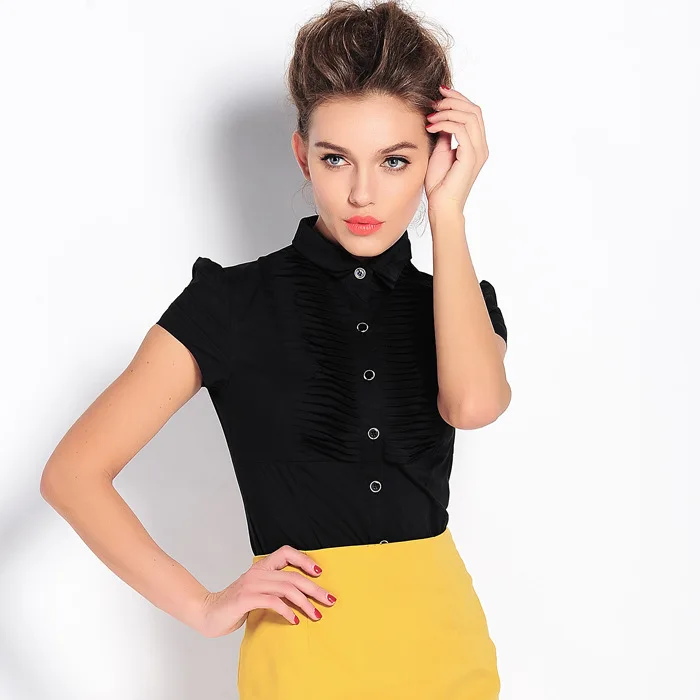 

2020 Summer Fashion Double-layer Pleat FullShort Sleeves OL Body Conjoined Shirt Women Slim Office Lady Causal Shirts Blouses