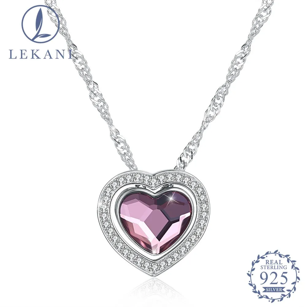

LEKANI Crystal From Swarovski 925 Sterling Silver Pure Love Light Purple Heart Pendant Necklace Luxury Jewelry Festival Gift