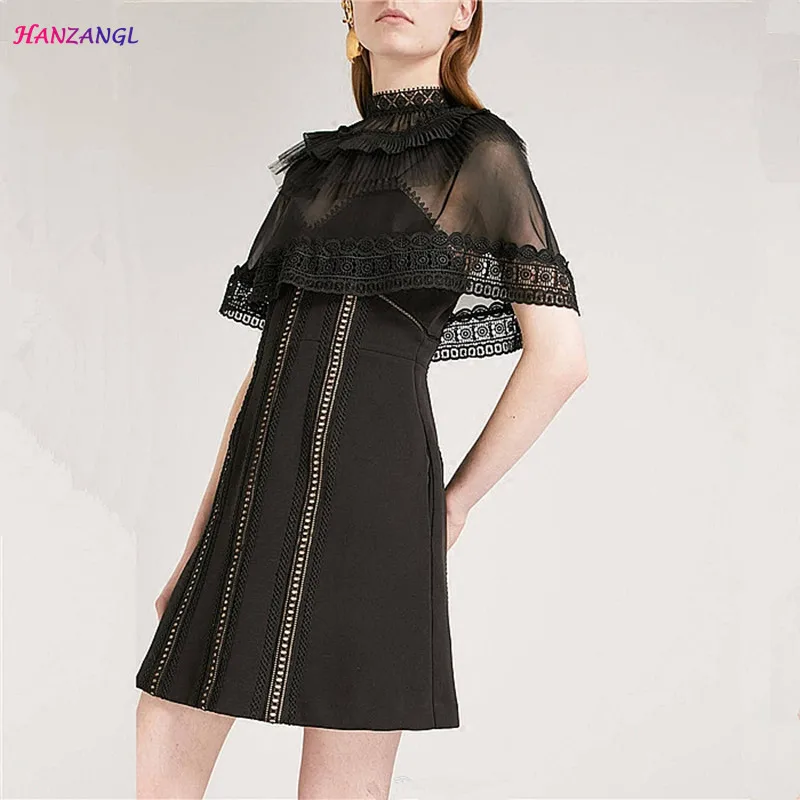 HANZANGL New Arrive Summer Dresses Womens Cloak Sand Network Patchwork Black Lace Dress Sexy Backless Causal