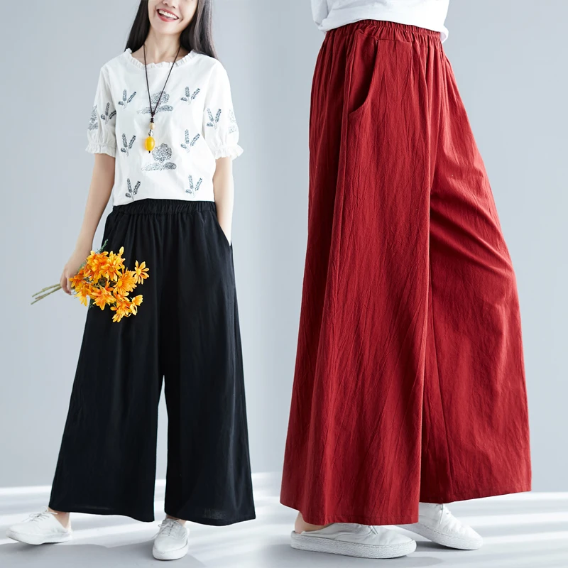 

2019 Spring women long wide leg pants plus size pants cotton linen trousers Summer full long casual pants M 5xl 6XL 7XL