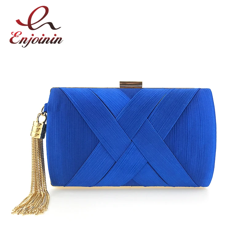 Elegant lady metal tassel cross striped satin fashion ladies party clutch bag evening bag chain