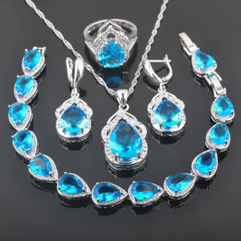

Newst Silver Color Jewelry Sets For Women Wedding Sky Blue Zirconia Bracelet Necklace Earrings Ring Birthday Gift QS0307