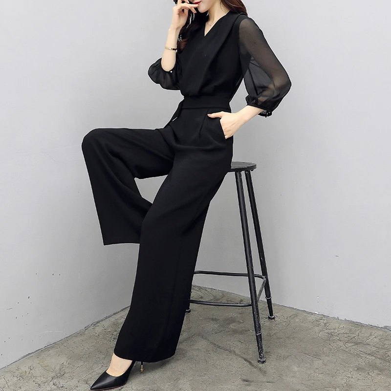 

2019 Women Lady OL Office High Waist Chiffon V neck Perspective Long Sleeve Plus Size Wide Leg Pants Jumpsuits Trousers Overalls