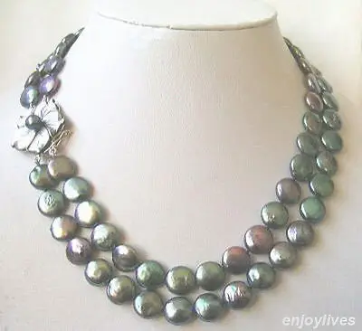 

FREE SHIPPING2 Rows Genuine Black Button Pearl White Gold Plated Shell Flower Clasp Necklace