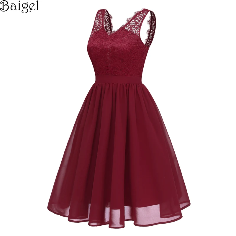 Women Sexy V-Neck Floral Lace Chiffon Dresses Summer 2018 Backless Pink Burgundy Black 50s 60s Rockabilly Vintage Party Dress (6)