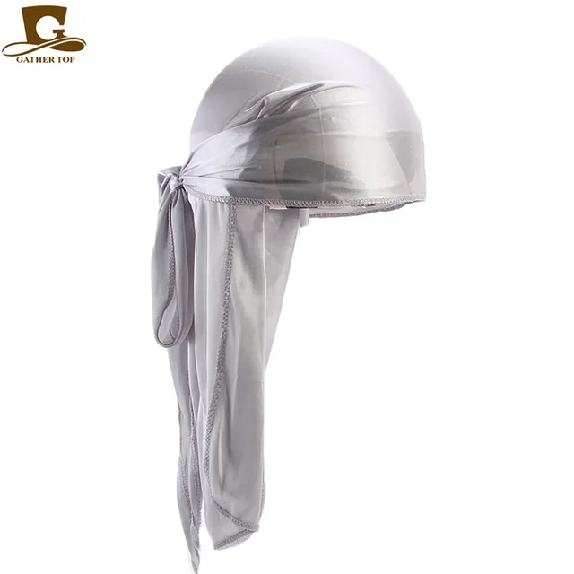 Men's Silky Durags Bandanas Turban hat Wigs Doo Men Satin Durag Biker Headwear Headband Hair Accessories Extra Long Tail Du-Rag Adult Silver