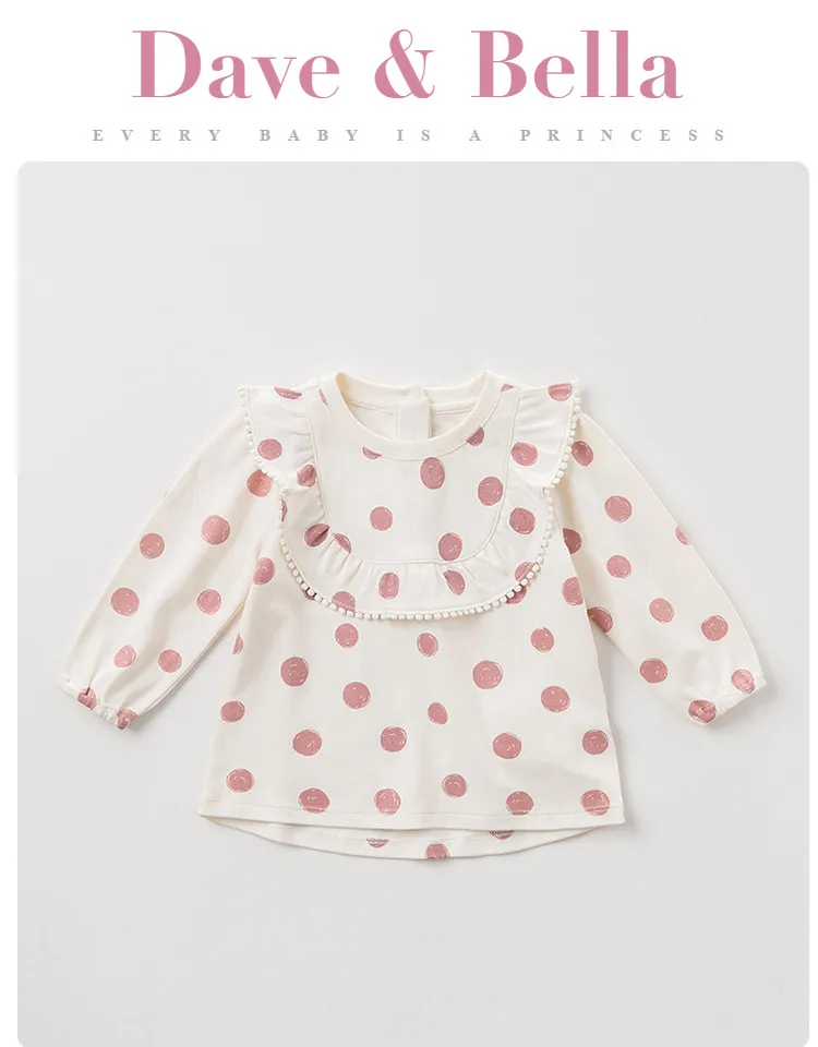 DBZ11145 dave bella/Осенняя футболка в горошек для маленьких девочек детские топы с длинными рукавами, высококачественный пуловер для девочек модные детские футболки