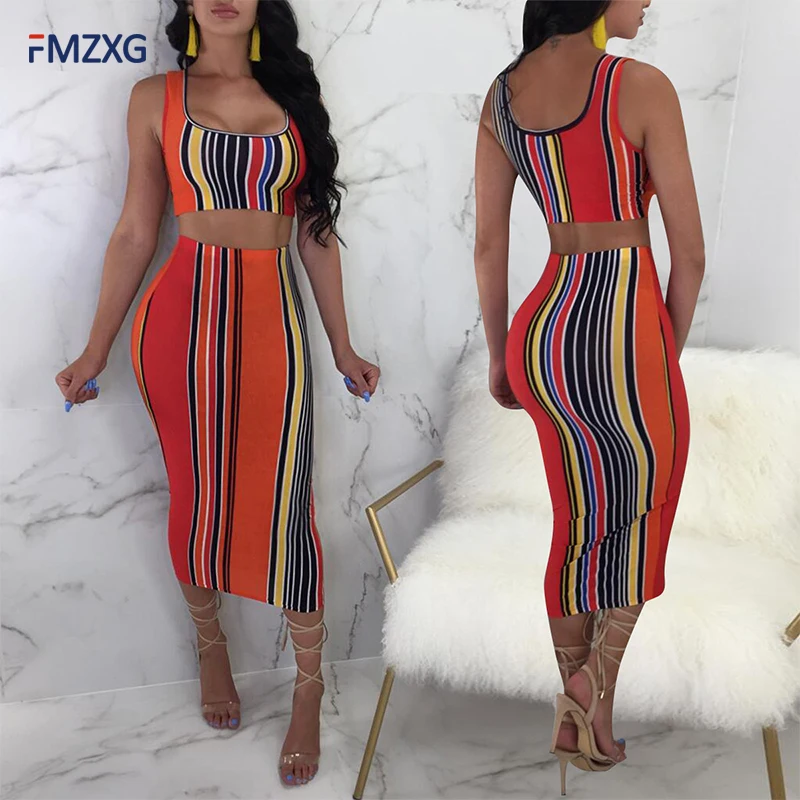 Women Bodycon Dress Summer 2 Piece Set Women Tank Top + Slim Skirt Party Dresses Sexy Orange Striped Printed Dress Women Dress