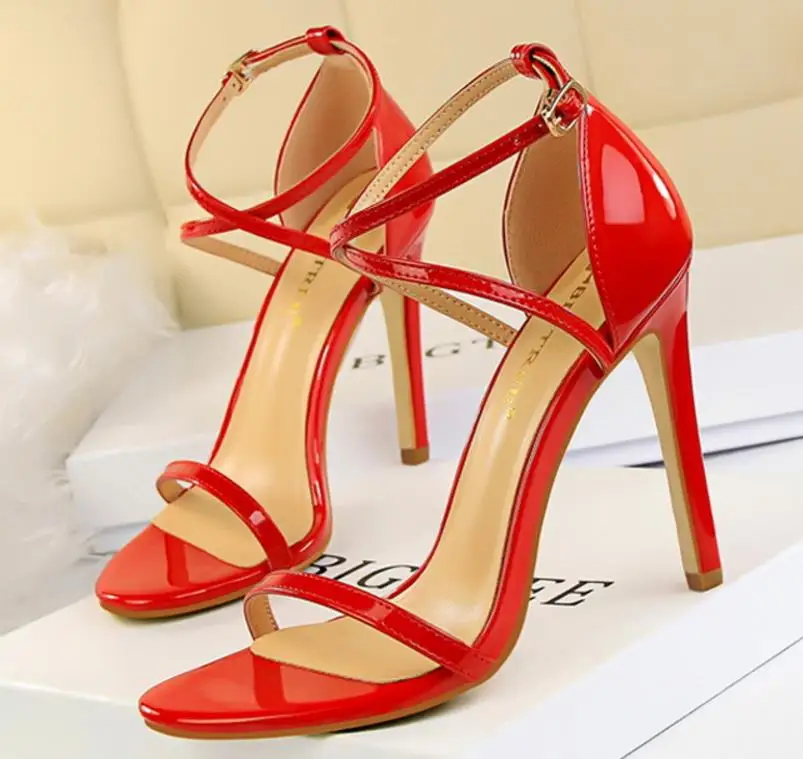

Top quality women's sexy cross-tied thin high heels sandal female fashion buckle strap shoes lady pu party Wedding shoe 11cm