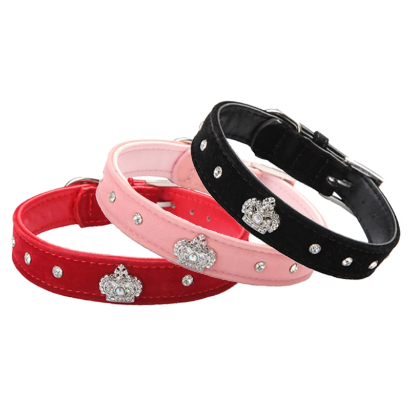 

4 Colors Bling Dog Collar Soft Velvet Crown Dog Collar Reflected Rhinestone Decorative Pet Necklace For Puppy Medium Dog