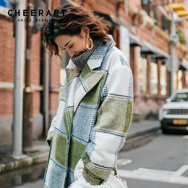 Cheerart плед Шерстяное пальто Для женщин длинный зеленый пальто Однобортный твидовое пальто зимние женские Модные Дизайнерские Пальто 2018