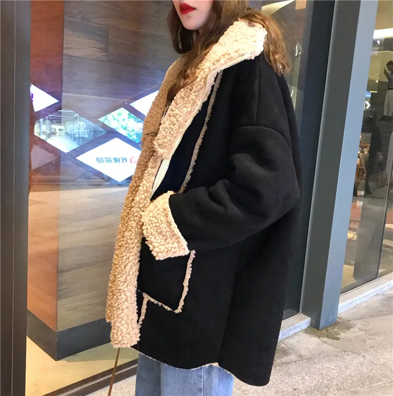 Korean Style Women Fake Fur Jacket Coat 2018 Winter Thick Fleece Lining Long Sleeve Fake Fur Overcoat Black Oversize Outwear