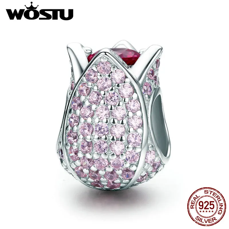 WOSTU Spring New Style 100% 925 Sterling Silver Pink Tulip Flowers Beads fit Original Charm Bracelet Bangle DIY Jewelry CQC569 цена WOSTU Spring New Style 100% 925 Sterling Silver Pink Tulip Flowers Beads fit Original Charm Bracelet Bangle DIY Jewelry CQC569 цены онлайн
