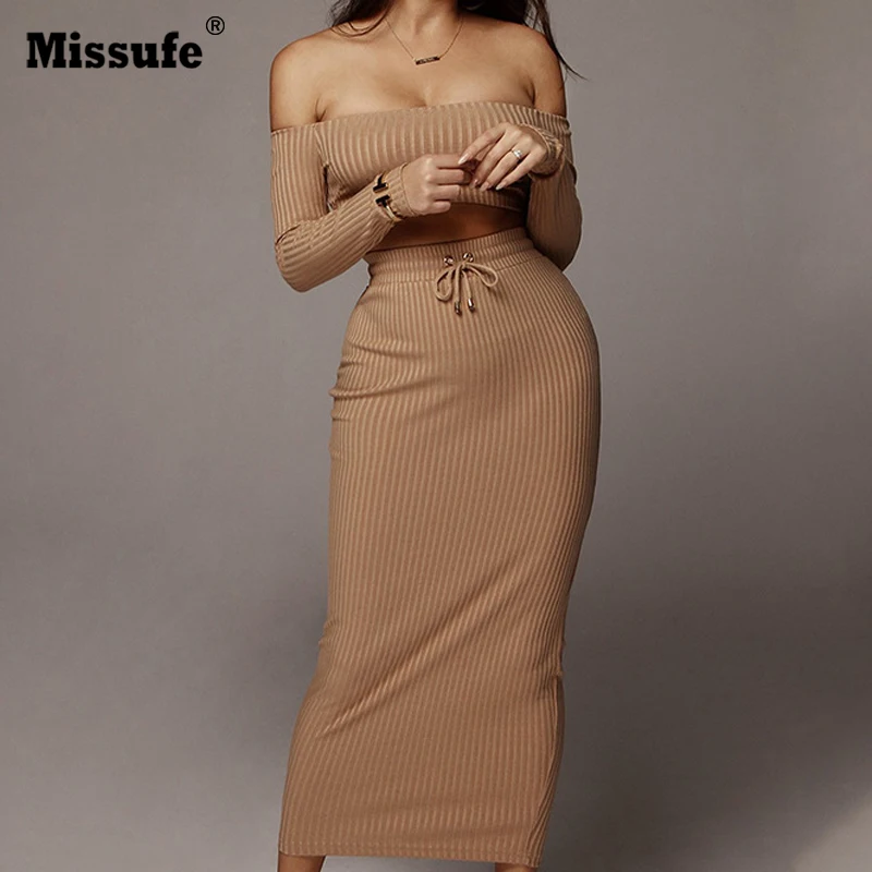 

Missufe Long Sleeve Sexy Two Piece Set Dress Off Shoulder Ribbed Autumn Dress Women Strapless Backless Robe Party Dress Long