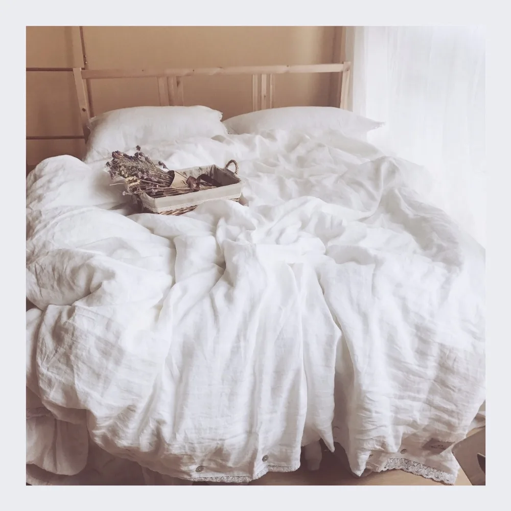 

100% Linen Bedding Sets White Hemp Home Texiles Linen Four Pieces Bedding Set Natural Hemp Duvet Cover Sets with Lace