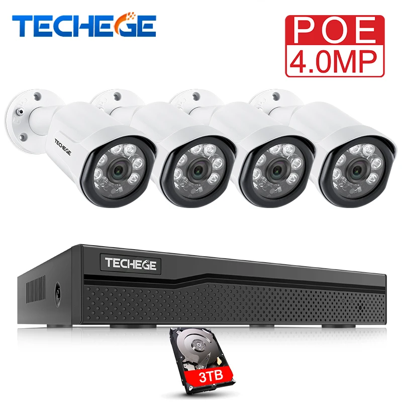 Acheter Techege 4CH CCTV Surveillance Kit HD 4.0MP 2560x1440 p Caméra de Sécurité Extérieure Système avec 4x4 mp POE IP Caméra Vidéo Système
