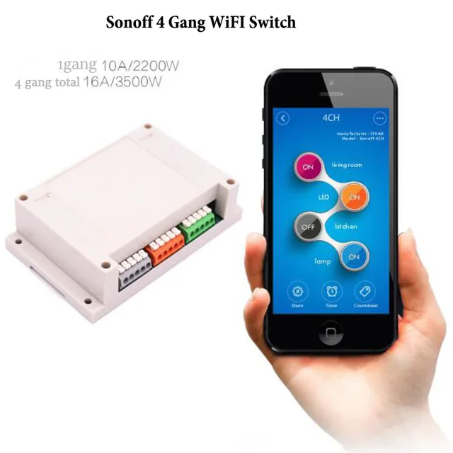 

itead sonoff 4ch 4 Gangl WiFI Switch Din Rail Mounting Wireless intelligent on off switch 10A/2200W for smart home Automation