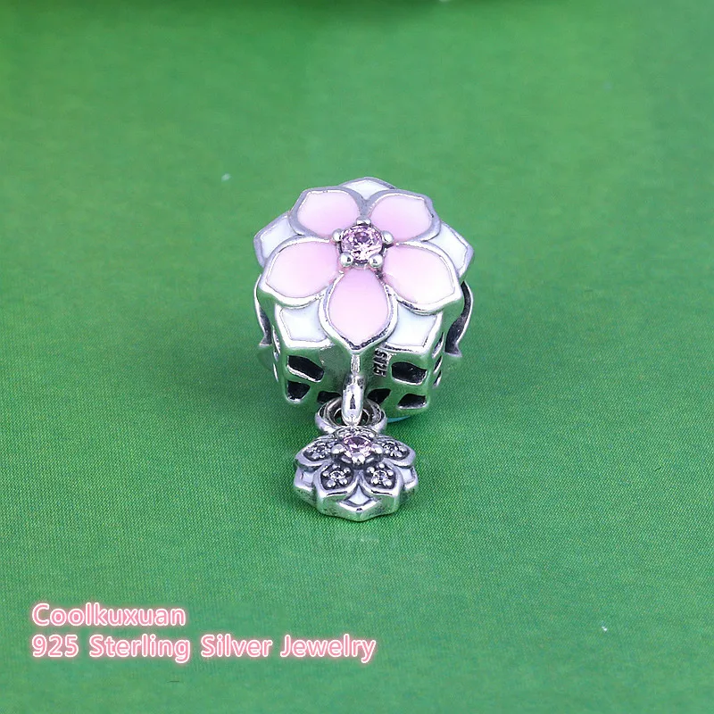 

2019 Spring 925 Sterling Silver Magnolia Bloom Pale Cerise Enamel Pink & Clear CZ Charm Fits Pandora Bracelets Diy Jewelry