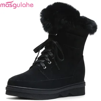 

Masgulahe 2018 hot sale new winter snow boots women casual ankle boots zip fur keep warm suede leather boots lace up shoes woman