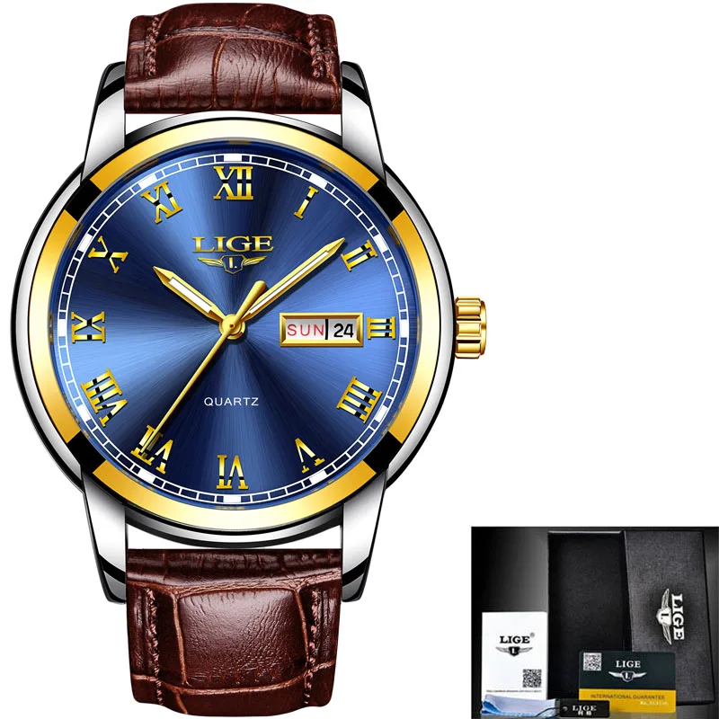LIGE повседневные спортивные часы для мужчин синий топ бренд Роскошные военные кожаные Наручные часы мужские часы модные наручные часы с хронографом - Цвет: Gold blue