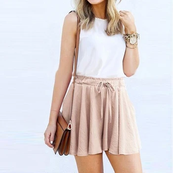 

Women's Solid Color Wide Leg Shorts Fit Elastic Waist Beach High Waist Shorts Casual Women Bow Knot Shorts With String