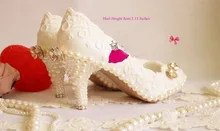 Luxury formal 8cm High heel dress shoe sparkling Pearl diamond White wedding shoes handmade Lace wedding shoe pearl shoes