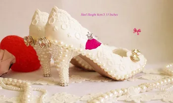 

formal 8 cm High heel dress shoe Pearl sparkling diamond White wedding shoes handmade Lace wedding shoe pearl shoes
