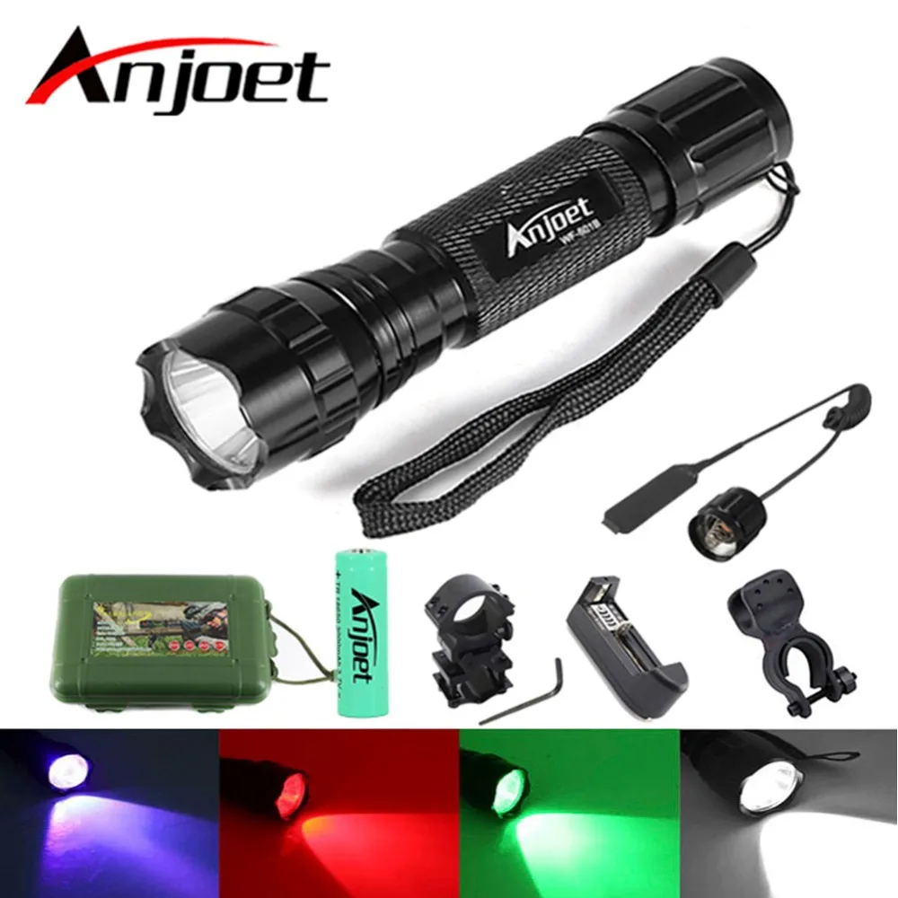

Anjoet Sets Tactical Flashlight XM-L T6/Q5 LED 1-Mode Multi-Color White/Green/Blue/Red Light Torch use 18650 Battery For Hunting