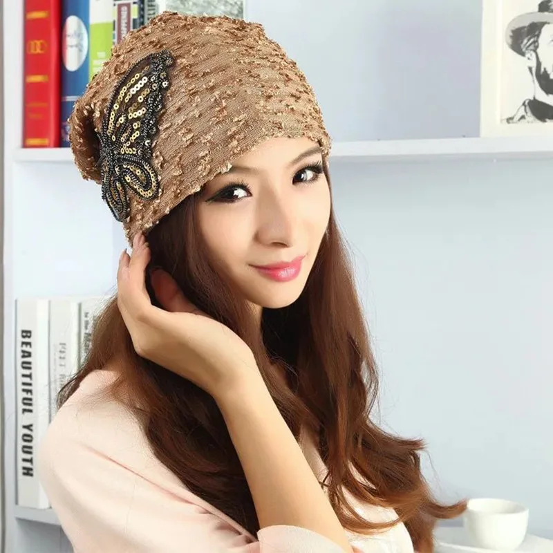 Mingjiebihuo New fashion cute sequined bow lace head hat Spring hollowed out hat pareo hair cap