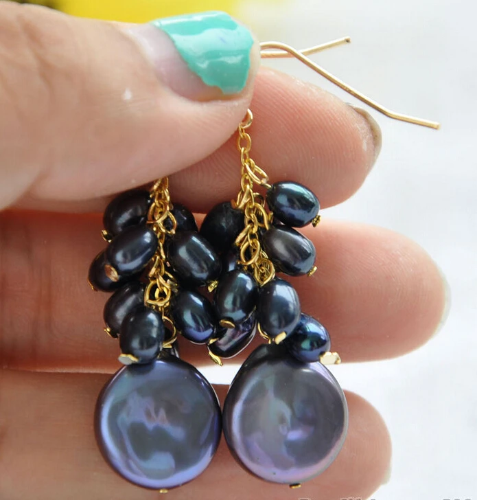 

z6101 14MM BLACK COIN RICE FRESHWATER PEARL DANGLE EARRING 14KGP *l