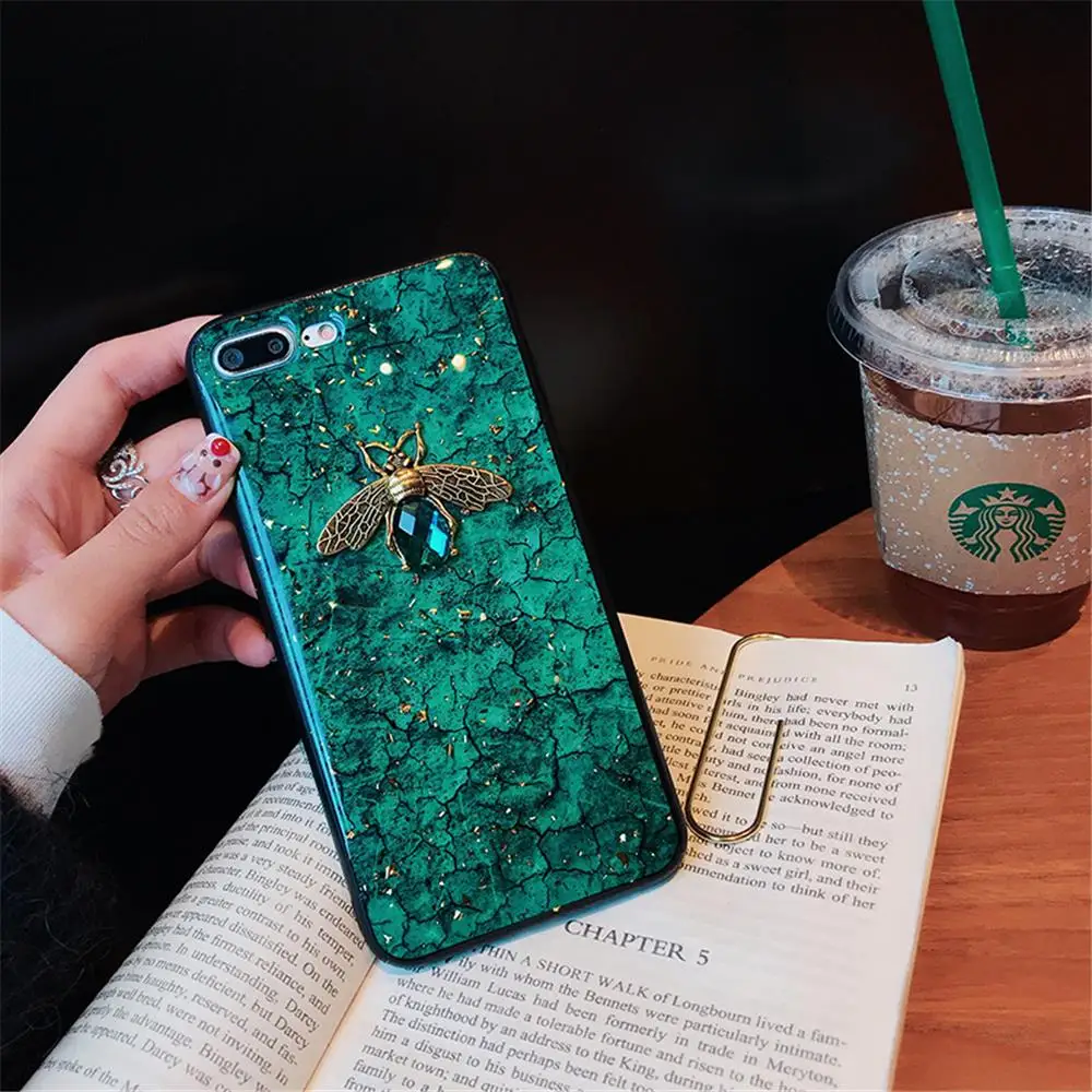 Luxury Green Diamond Crack Marble Phone Case For iphone 7 8 6 6s Plus Bee With Wing Funda cover for iphone XS MAX XR X back   (8)