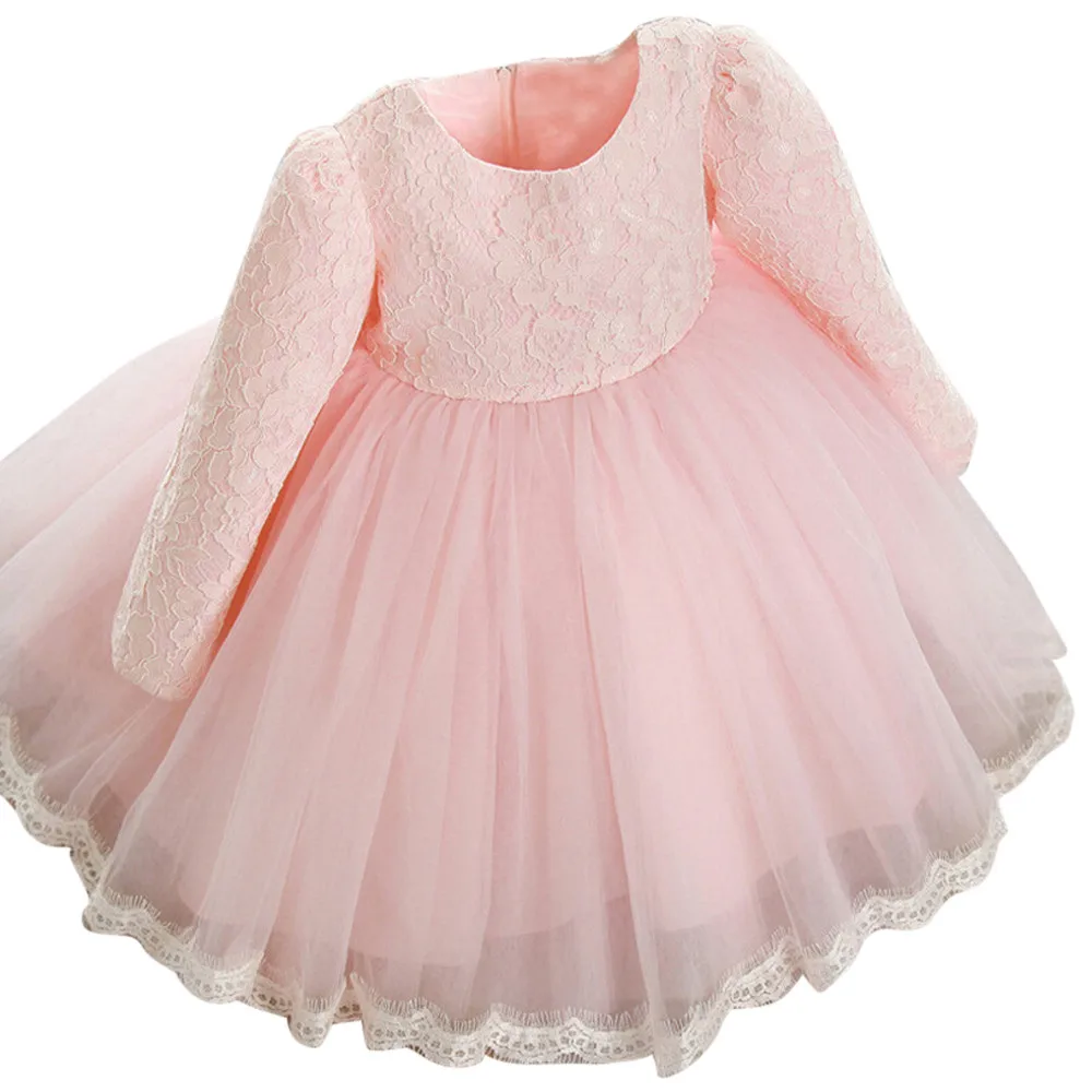 Дети принцессы с длинными рукавами для маленьких девочек кружевное платье с цветочным рисунком пышные нарядные платья для свадьбы F4 - Цвет: Розовый