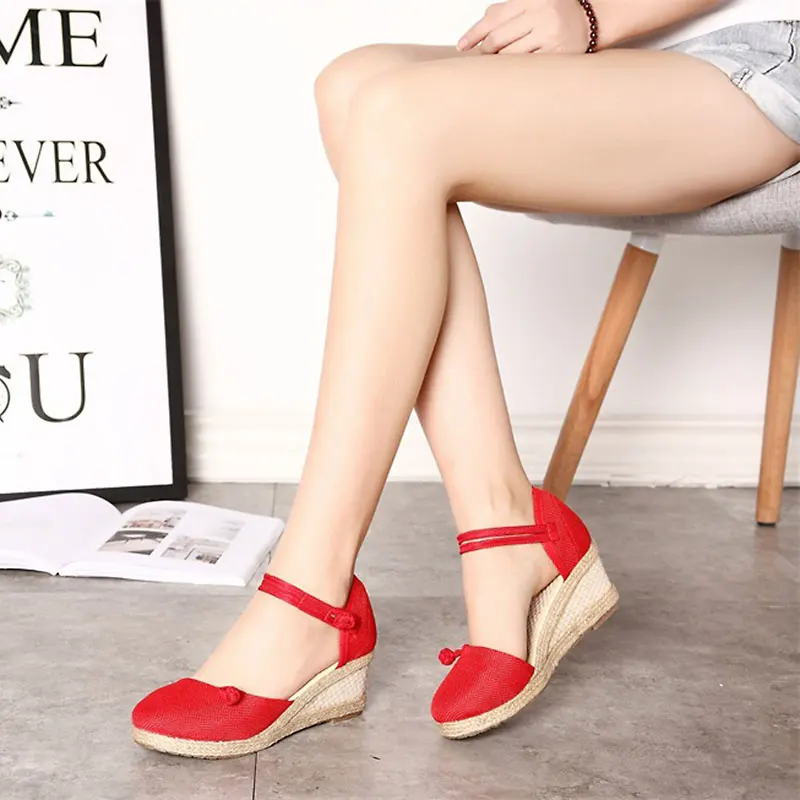 STAN SHARK Vintage Casual Linen Canvas Wedge Sandals Women Summer Ankle Strap Med Heel Platform Pump Espadrilles Shoes | Обувь