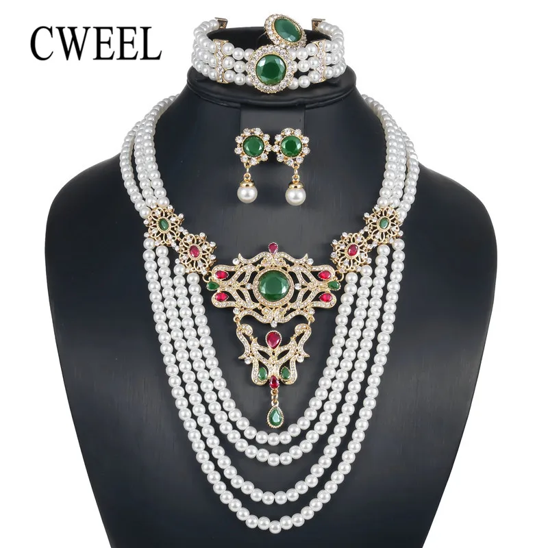 

CWEEL Fashion Jewelry Set For Women Bridesmaid 4 Layers Luxury Imitation Crystal Zircon Bridal Wedding Costume Turkish Jewelry