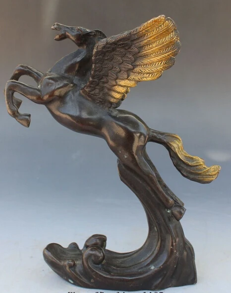 

huij 006871 8" Chinese Fengshui Bronze Gilt Auspicious Zodiac Year Fly Horse Horses Statue