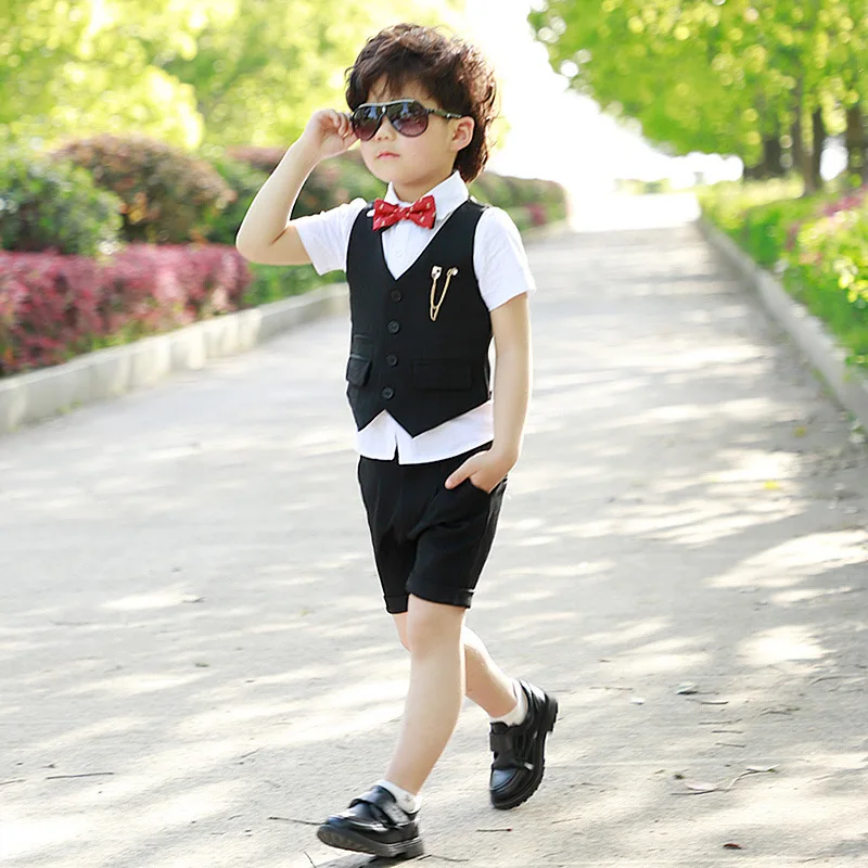 Summer Gentlemen Boys Suits For Weddings Boys Tuxedo Suits Gentlemen Blazer Vest Shorts 4PCS Suit Set H185