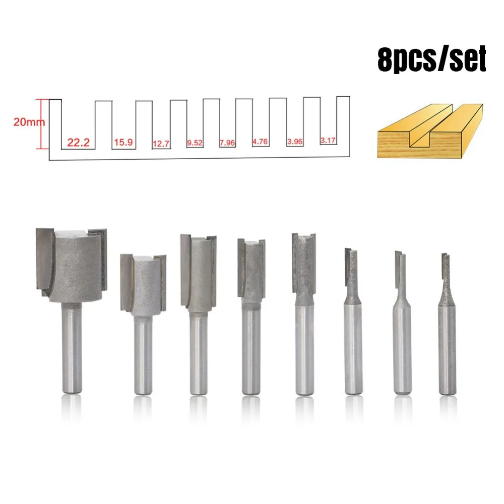 

8 Pcs/Set High Quality Carbide Woodworking Cutter 1/4 Handle Slotted Double Edge Straight Knife Engraving Machine Head