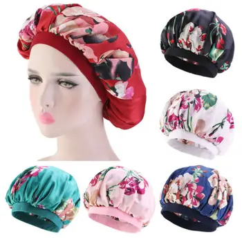 

Long Hair Care Women Satin Bonnet Cap Printed Floral Night Sleep Hat Silk Head Wrap Adjust Shower Caps