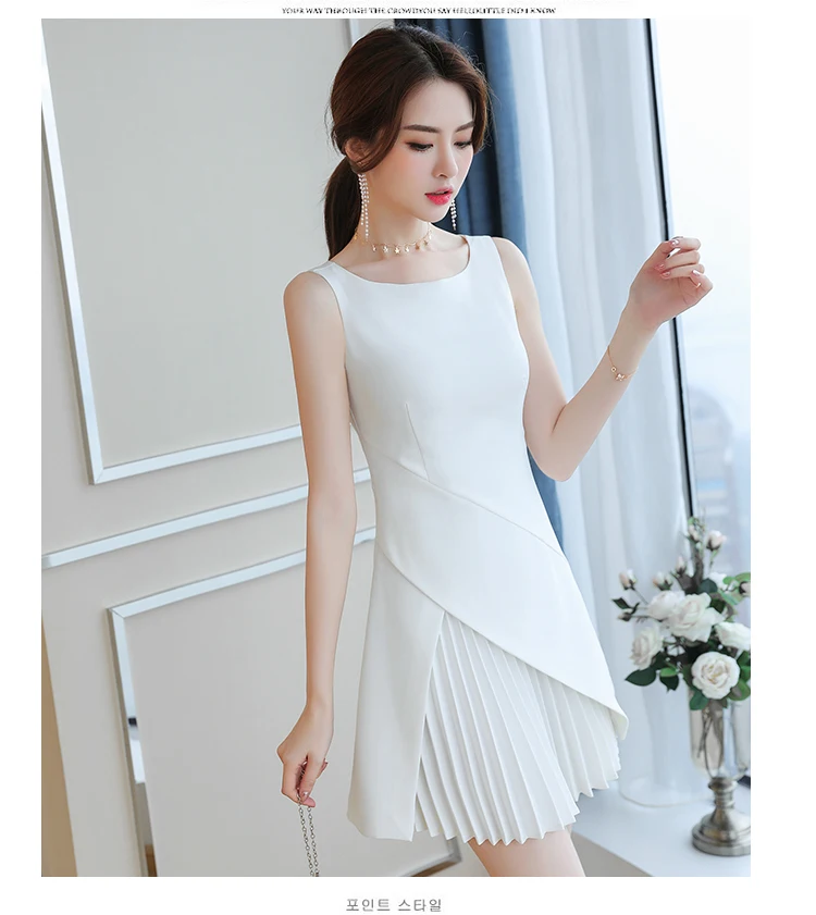 Летняя Новинка, плиссированное платье для женщин с круглым вырезом, базовое мини-платье, милая одежда белого и черного цвета, размер S-XL, модная одежда
