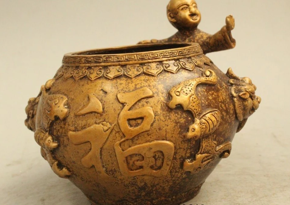 

4"China Chinese Dynasty Palace Bronze Fu Lion Handle Boy Bottle Vase Pot