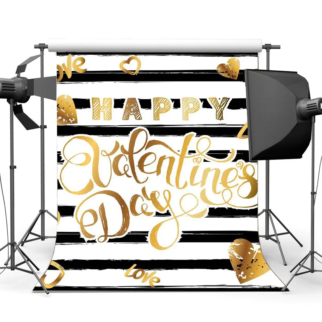 

Happy Valentine's Day Backdrop Sweet Hearts Golden Love Black and White Stripes Romantic Wallpaper Background