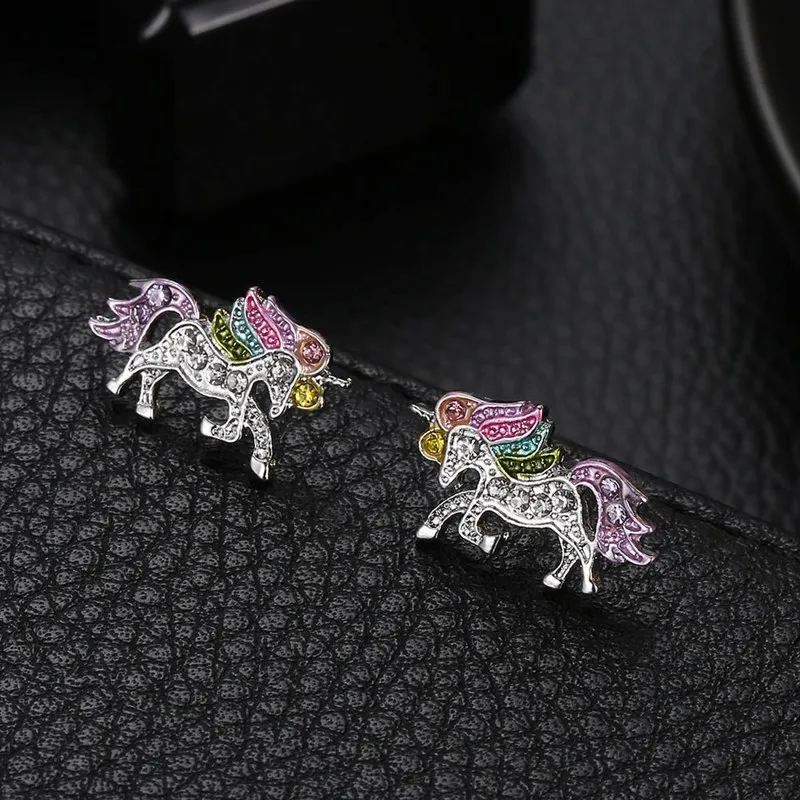 Colorful Glitter Enamel Unicorn Earrings Stud Jewelry Crystal Unicorn Cute Animal Small Earrings Women Wedding Gift Jewelry