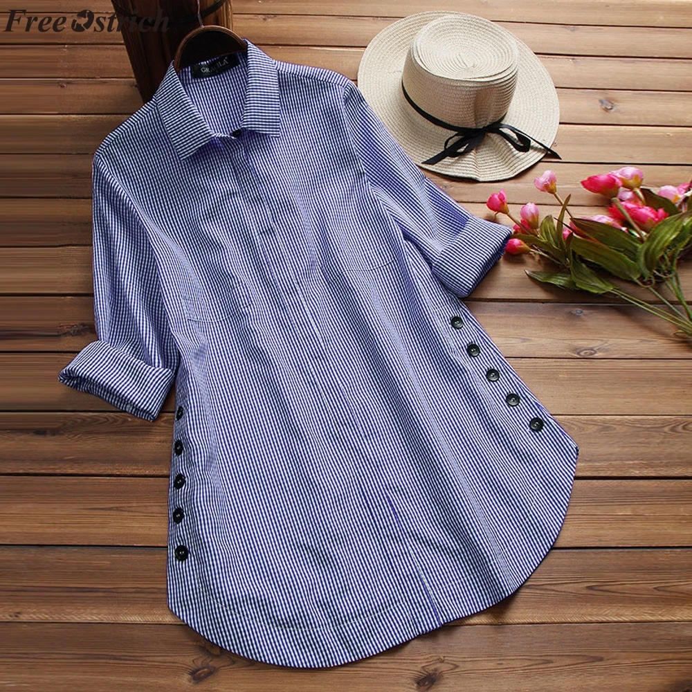 

FREE OSTRICH Women's Long Sleeve Lattice Button Casual Tops Shirt Blouse Casual Fashion Loose ladies plaid shirt plus size tops
