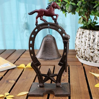 

European Vintage Horse with Red Painted Tabletop Decor Cast Iron Hand Knocking Bell Dinner Service Bell