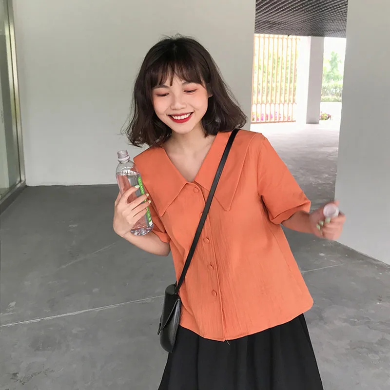 2019 New Korean Preppy Style Turn-down Collar Short Sleeve Shirt Women Summer Small Fresh Blouse Wo