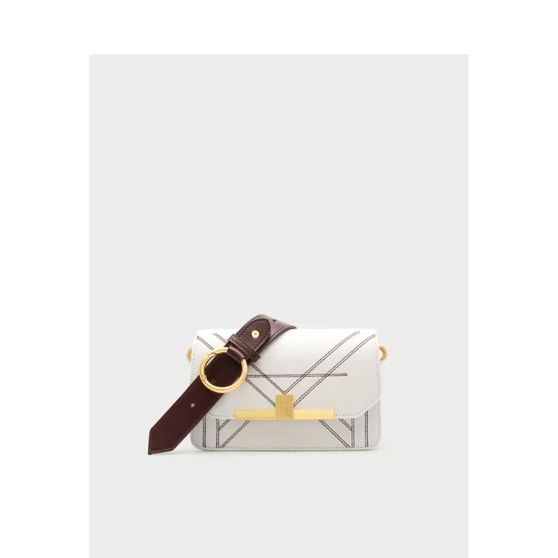 

IMIDO European leather retro metal embroidery line wide shoulder strap color matching single shoulder diagonal small square bag