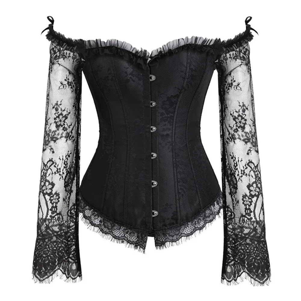 Corset Tops for Women with Lace Sleeve Vintage Style Victorian Retro Black White Steam Punk Burlesque Corset and Bustiers Corset Tops for Women with Lace Sleeve Vintage Style Victorian Retro Black White Steam Punk Burlesque Corset and Bustiers