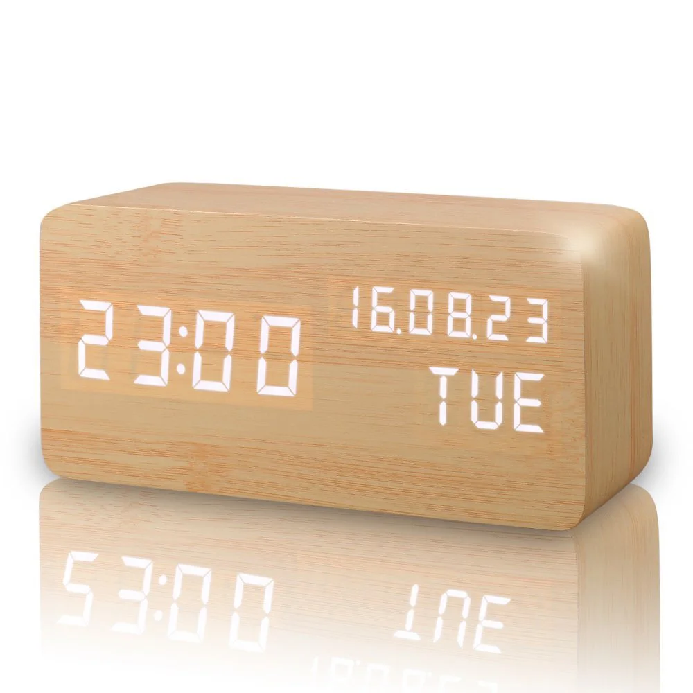

LED Cube Wooden Clock Voice Control Electronic Desk Table LED Digital Watch Nixie no Radio For Kid Bedside Alarm Clock Wood