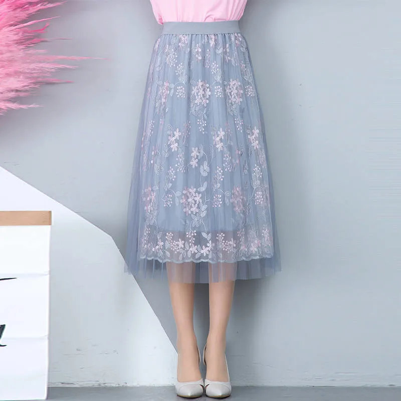 Сезон: весна–лето Для женщин эластичные Высокая талия с цветочной вышивкой для девочек, платья-Макси юбки женские длинные юбки плиссированные юбки M42