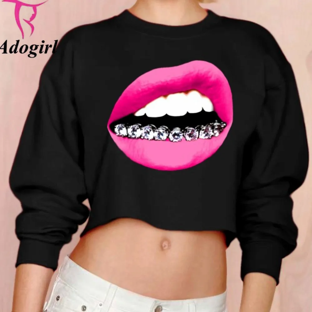 Fashion Red Lip Women Short Hoodies Pink Tracksuit Casual